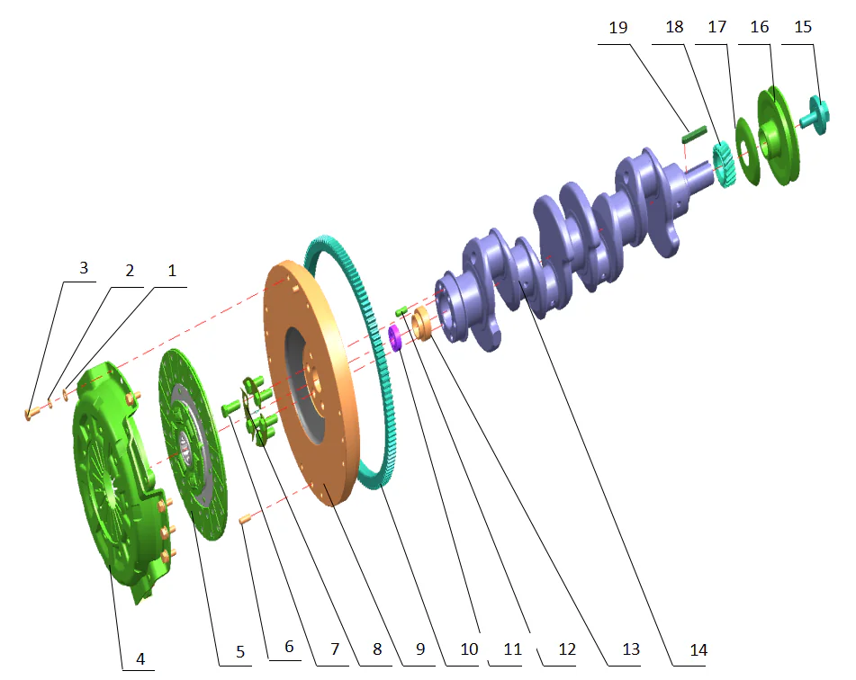 Crankshaft and flying wheel clutch assembly
