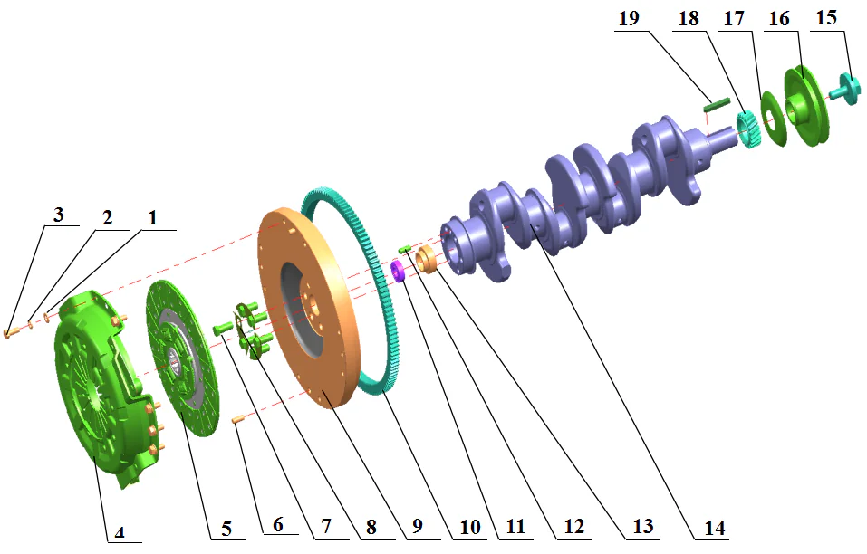 Crankshaft and flying wheel clutch assembly
