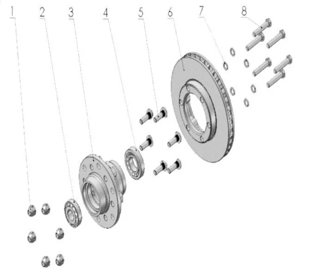 Front brake disc and wheel hub with bolt assembly (left and right)