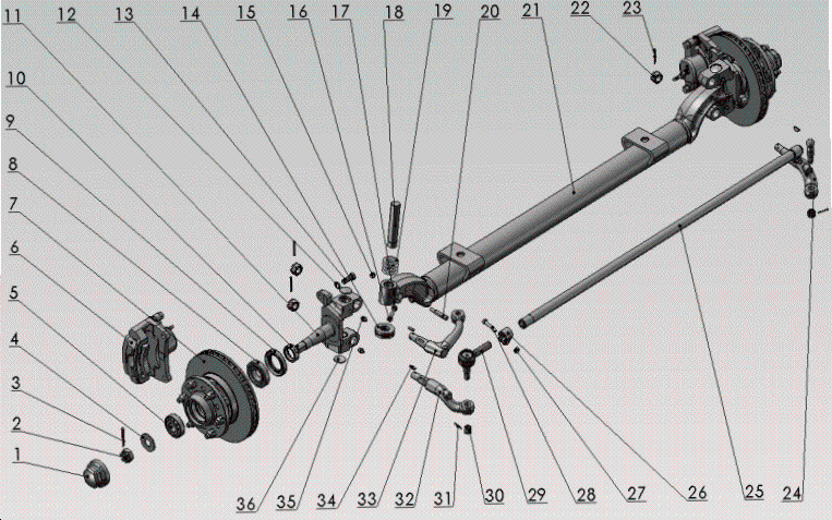 Front axle with brake and wheel hub assembly