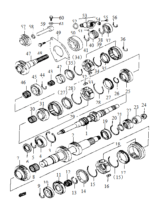 Transmission input shaft, intermediate shaft and reverse shaft assembly